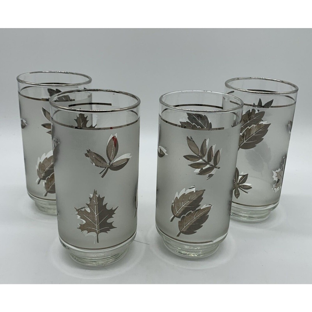 VINTAGE MCM LIBBEY FROSTED SILVER Foliage GLASSES 12 Oz SET OF 4 EUC